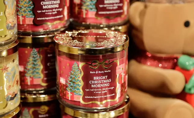 FILE- An scented candle called Bright Christmas Morning is shown at a Bath and Body Works store on Wednesday, Oct. 9, 2024, in New York. (AP Photo/Peter Morgan, File)