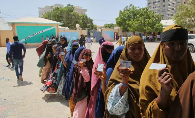 People queue to cast their votes during the local election in Mogadishu, Somalia, Thursday, Dec. 25, 2025. (AP Photo/Farah Abdi Warsameh)