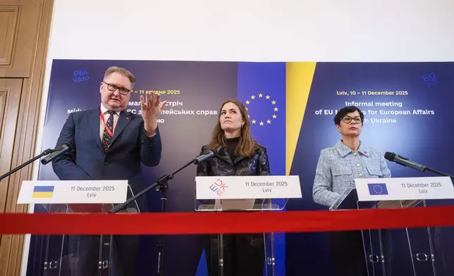 From left: Ukraine's Deputy Prime Minister for European and Euro-Atlantic Integration of Ukraine Taras Kachka, Marie Bjerre, Danish Minister for European Affairs and Marta Kos, EU Commissioner for Enlargement, attend a joint press conference after informal meeting of EU ministers for European affairs in Lviv, Ukraine, on Thursday, Dec. 11, 2025. (AP Photo/Evgeniy Maloletka)