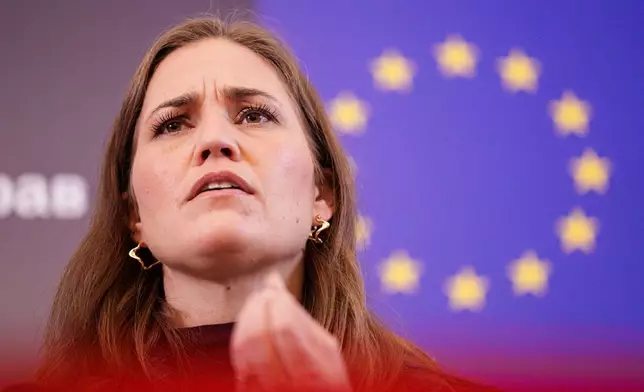 Marie Bjerre, Danish Minister for European Affairs attends a joint press conference with Ukraine's Deputy Prime Minister for European and Euro-Atlantic Integration of Ukraine Taras Kachka and Marta Kos, EU Commissioner for Enlargement, after informal meeting of EU ministers for European affairs in Lviv, Ukraine, on Thursday, Dec. 11, 2025. (AP Photo/Evgeniy Maloletka)