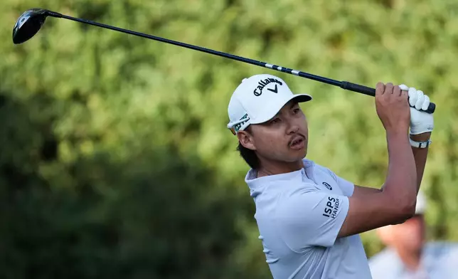 Min Woo Lee, of Australia, tees off the 10th hole during the first round of the Australian Open golf tournament in Melbourne, Australia, Thursday, Dec. 4, 2025. (AP Photo/Asanka Brendon Ratnayake)