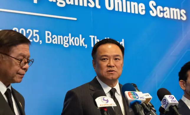Thai Prime Minister Anutin Charnvirakul answers journalists' questions during the International Conference on the Global Partnership against Online Scams in Bangkok, Thailand, on Wednesday, Dec. 17, 2025. (AP Photo/Anton L. Delgado)
