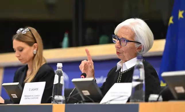 European Central Bank President Christine Lagarde speaks during a committee meeting at the European Parliament in Brussels, Wednesday, Dec. 3, 2025. (AP Photo/Harry Nakos)