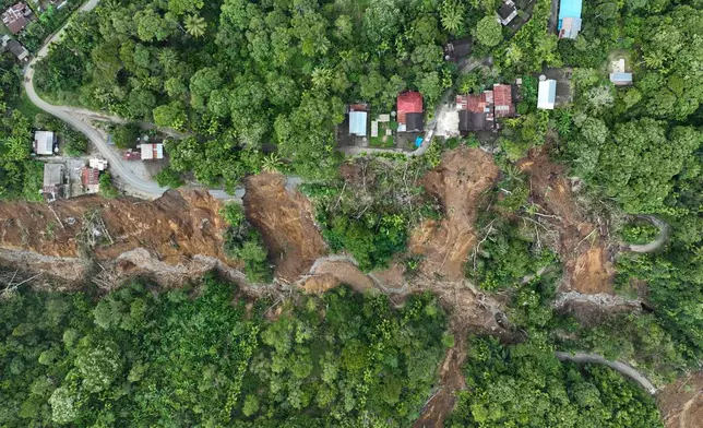 This aerial shot taken using a drone shows an area affected by landslides in Bener Meriah, Aceh province, Indonesia, Wednesday, Dec. 3, 2025. (AP Photo/Syahrul Rizal)