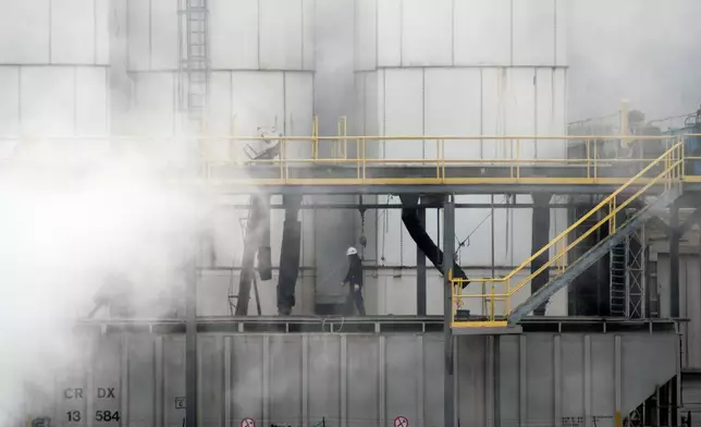 A worker walks through steam coming from the Tyson Foods' beef plant in Lexington, Neb., Thursday, Dec. 4, 2025. (AP Photo/Thomas Peipert)