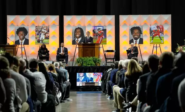 FILE - University of Virginia President Jim Ryan speaks during a memorial service for three slain University of Virginia football players Lavel Davis Jr., D'Sean Perry and Devin Chandler at John Paul Jones Arena at the school in Charlottesville, Va., Saturday, Nov. 19, 2022. (AP Photo/Steve Helber, Pool, File)