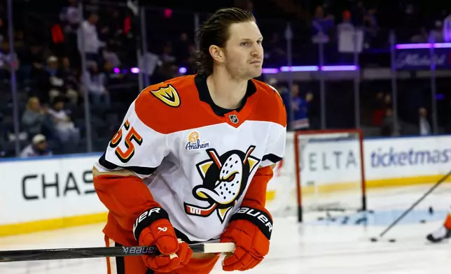 Anaheim Ducks defenseman Jacob Trouba skates during warmups before an NHL hockey game against the New York Rangers, Monday, Dec 15, 2025, in New York. (AP Photo/Noah K. Murray)