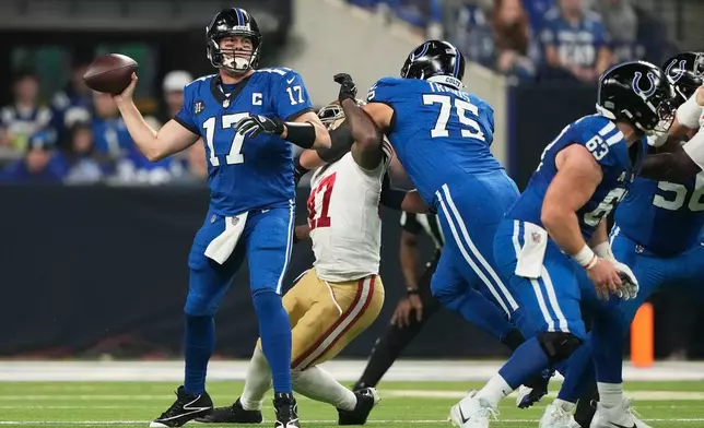 Indianapolis Colts quarterback Philip Rivers (17) passes against the San Francisco 49ers during the first half of an NFL football game, Monday, Dec. 22, 2025, in Indianapolis. (AP Photo/Carolyn Kaster)