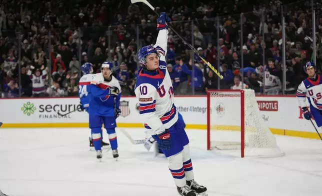 United States forward James Hagens (10) celebrates after scoring during the second period of an IIHF World Junior Hockey championship game against Slovakia, Monday, Dec. 29, 2025, in St. Paul, Minn. (AP Photo/Abbie Parr)