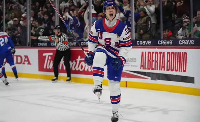 United States forward Brendan McMorrow (22) celebrates after scoring during the second period of an IIHF World Junior Hockey championship game against Slovakia, Monday, Dec. 29, 2025, in St. Paul, Minn. (AP Photo/Abbie Parr)