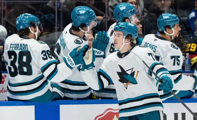 San Jose Sharks' Macklin Celebrini (71) celebrates his goal against the Vancouver Canucks with his teammates during the third period of an NHL hockey game in Vancouver, B.C., Saturday, Dec. 27, 2025. (Ethan Cairns/The Canadian Press via AP)