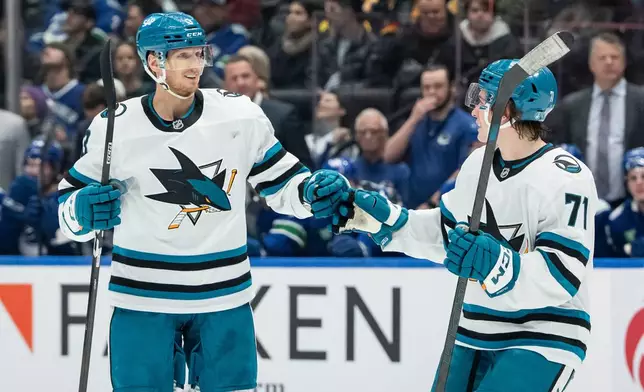 San Jose Sharks' John Klingberg (3) and Macklin Celebrini (71) celebrate after Klingberg's goal against the Vancouver Canucks during the first period of an NHL hockey game in Vancouver, British Columbia, Saturday, Dec. 27, 2025. (Ethan Cairns/The Canadian Press via AP)