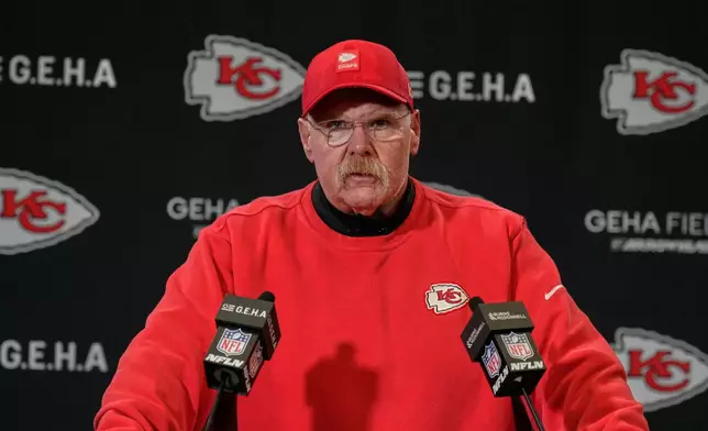 Kansas City Chiefs head coach Andy Reid speaks during a news conference following an NFL football game against the Houston Texans Sunday, Dec. 7, 2025, in Kansas City, Mo. (AP Photo/Charlie Riedel)