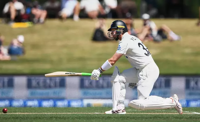 New Zealand's Will Young bats against the West Indies on day 4 of their cricket test match in Christchurch, New Zealand, Friday, Dec. 5, 2025. (Chris Symes/Photosport via AP)