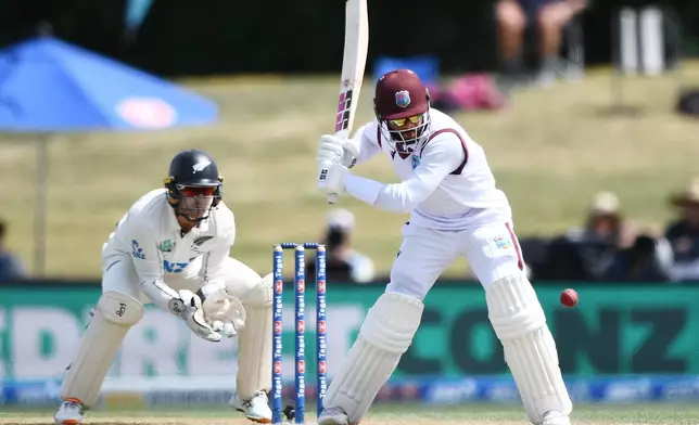 West Indies' Shai Hope bats against New Zealand on Day 4 of their cricket test match in Christchurch, New Zealand, Friday, Dec. 5, 2025. (Chris Symes/Photosport via AP)