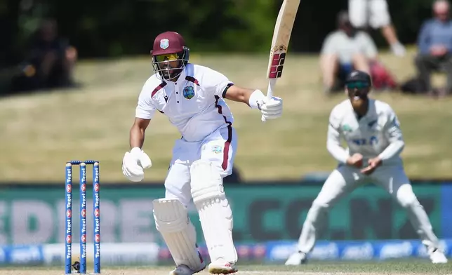 West Indies' Shai Hope bats against New Zealand on Day 5 of their cricket test match in Christchurch, New Zealand, Saturday, Dec. 6, 2025. (Chris Symes/Photosport via AP)