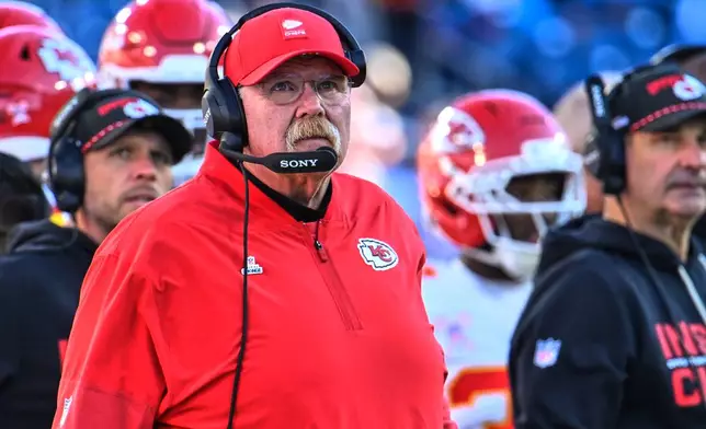 Kansas City Chiefs head coach Andy Reid watches during the second half of an NFL football game against the Tennessee Titans, Sunday, Dec. 21, 2025, in Nashville, Tenn. (AP Photo/John Amis)