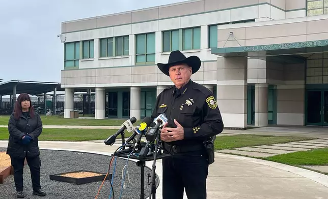 San Joaquin County Sheriff Patrick Withrow speaks to the press outside of the sheriff’s office in French Camp, San Joaquin County, Calif., Sunday, Nov. 30, 2025. (AP Photo/Sophie Austin)