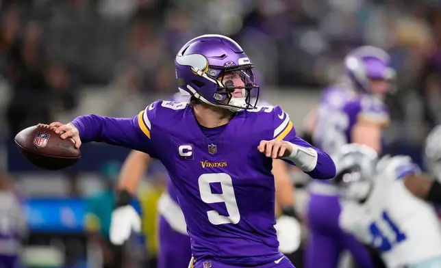 Minnesota Vikings quarterback J.J. McCarthy throws a pass during the second half of an NFL football game against the Dallas Cowboys Sunday, Dec. 14, 2025, in Arlington, Texas. (AP Photo/Tony Gutierrez)