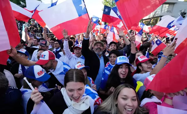 Supporters of Jose Antonio Kast, presidential candidate of the opposition Republican Party, celebrate preliminary results after polls closed for a presidential runoff election in Santiago, Chile, Sunday, Dec. 14, 2025. (AP Photo/Esteban Felix)