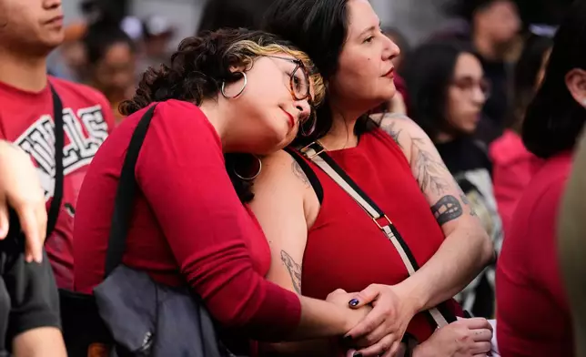Supporters react to preliminary results at the campaign headquarters of Jeannette Jara, presidential candidate of the ruling Unity for Chile coalition, after polls closed for the presidential runoff in Santiago, Chile, Sunday, Dec. 14, 2025.. (AP Photo/Natacha Pisarenko)