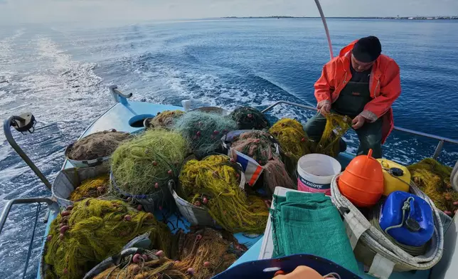 Fisherman Photis Gaitanos collects fish from nets off the coast of Larnaca, Cyprus, in the eastern Mediterranean, early Saturday, Dec. 20, 2025. (AP Photo/Petros Karadjias)