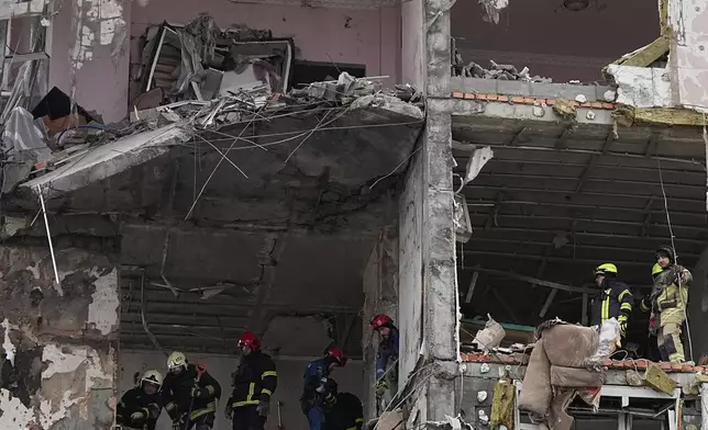 FILE- Rescuers work on the scene of a building damaged by a Russian attack in Kyiv, Ukraine, Saturday, Dec. 27, 2025. (AP Photo/Efrem Lukatsky, File)