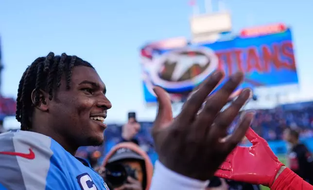 Tennessee Titans quarterback Cam Ward (1) celebrates after an NFL football game against the Kansas City Chiefs, Sunday, Dec. 21, 2025, in Nashville, Tenn. (AP Photo/George Walker IV)