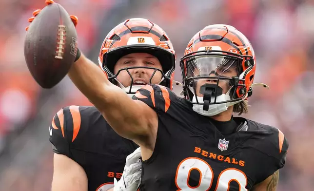 Cincinnati Bengals wide receiver Andrei Iosivas (80) celebrates after a play during the first half of an NFL football game against the Arizona Cardinals, Sunday, Dec. 28, 2025, in Cincinnati. (AP Photo/Jeff Dean)