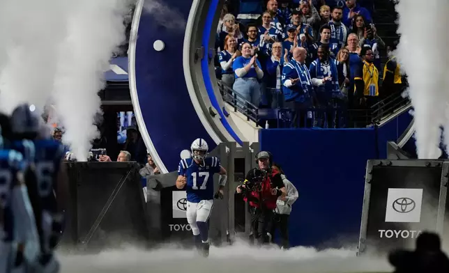 Indianapolis Colts quarterback Philip Rivers is introduced before an NFL football game against the Jacksonville Jaguars Sunday, Dec. 28, 2025, in Indianapolis. (AP Photo/Carolyn Kaster)