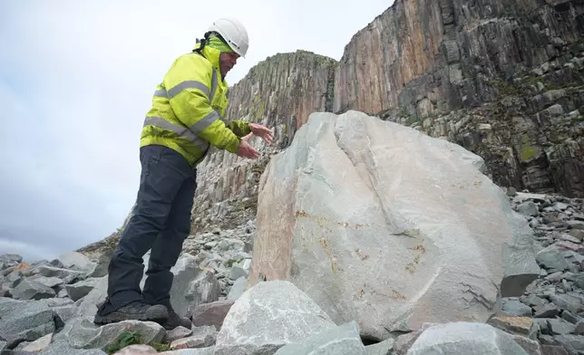 Jim English, Kays Curling Managing Director, looks at a boulder of granite on the island of Ailsa Craig, off the coast of Scotland, Monday, Nov. 10, 2025. (AP Photo/Alastair Grant)