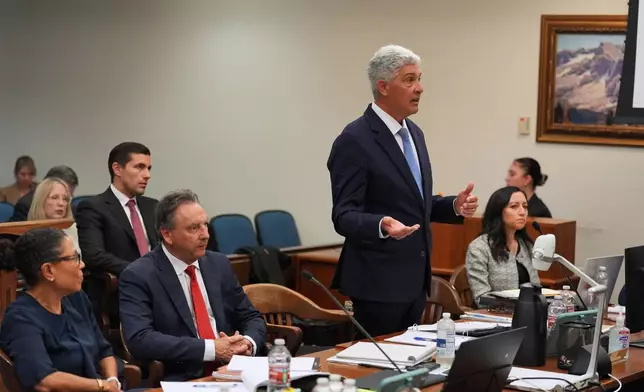 FILE - Attorney Todd Theodora gestures before opening statements in the trial for the wrongful death lawsuit accusing the Los Angeles Angels baseball team of being responsible for the 2019 drug overdose death of pitcher Tyler Skaggs Tuesday, Oct. 14, 2025, in Santa Ana, Calif. (AP Photo/Jae C. Hong, Pool, File)