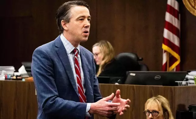 Attorney Daniel Dutko gives his closing arguments in the wrongful death lawsuit by the family of pitcher Tyler Skaggs against the Los Angeles Angels in Orange County Superior Court in Santa Ana, Calif., Monday, Dec. 15, 2025. (Paul Bersebach/The Orange County Register via AP, Pool)