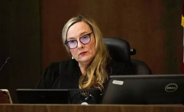 Judge H. Shaina Colover listens as Daniel Dutko gives his closing arguments in the wrongful death lawsuit by the family of pitcher Tyler Skaggs against the Los Angeles Angels in Orange County Superior Court in Santa Ana, Calif., Monday, Dec. 15, 2025. (Paul Bersebach/The Orange County Register via AP, Pool)