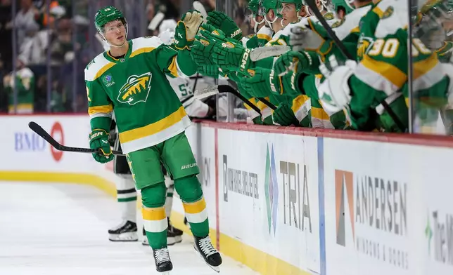 Minnesota Wild left wing Matt Boldy (12) celebrates his goal with teammates during the third period of an NHL hockey game against the Dallas Stars Thursday, Dec. 11, 2025, in St. Paul, Minn. (AP Photo/Matt Krohn)