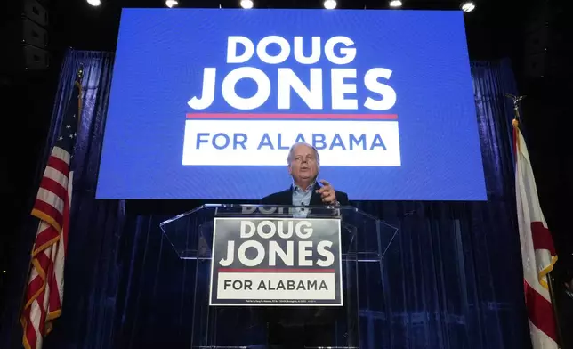 Gubernatorial candidate former Sen. Doug Jones, D-Ala., speaks during an event Friday, Dec. 12, 2025, in Birmingham, Ala. (AP Photo/Brynn Anderson)