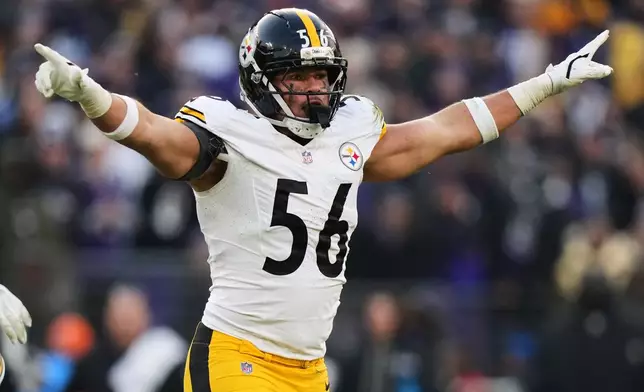 Pittsburgh Steelers linebacker Alex Highsmith (56) celebrates after a tackle during the second half of an NFL football game against the Baltimore Ravens, Sunday, Dec. 7, 2025, in Baltimore. (AP Photo/Stephanie Scarbrough)