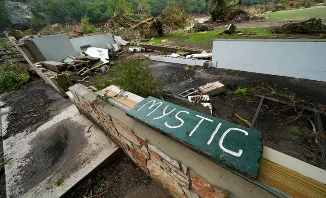 FILE - A Camp Mystic sign is seen near the entrance to the establishment along the banks of the Guadalupe River in Hunt, Texas, July 5, 2025, after a flash flood swept through the area. (AP Photo/Julio Cortez, File)