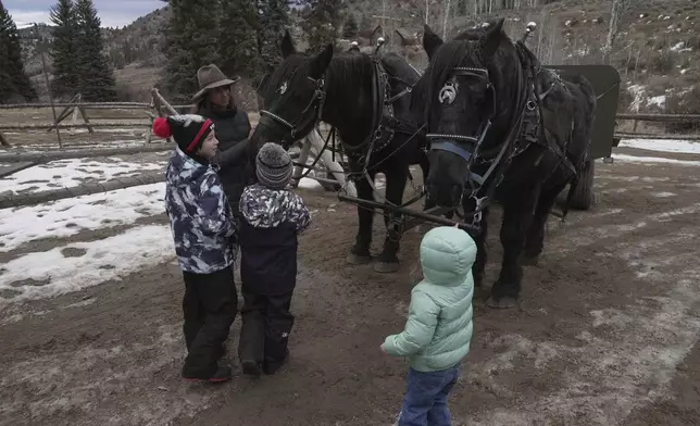 Nicole Godley, back, introduces visitors to her horses Thursday, Dec. 18, 2025, in Edwards, Colo. (AP Photo/Brittany Peterson)