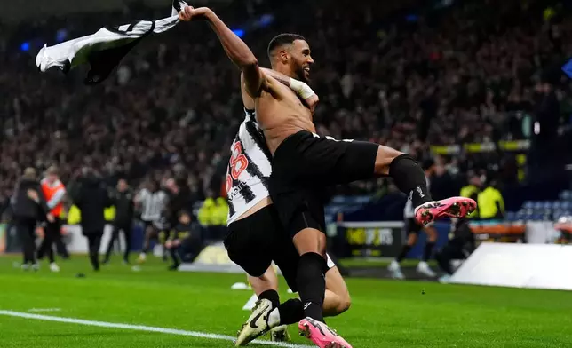 St Mirren's Jonah Ayunga celebrates after scoring his side's third goal, during the Scottish Premier Sports Cup final, in Glasgow, Scotland, Sunday, Dec. 14, 2025. (Andrew Milligan/PA via AP)