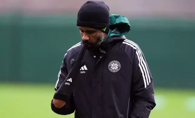 Celtic manager Wilfried Nancy during a training session at the Lennoxtown Training Complex in Glasgow, Scotland, Wednesday Dec. 10, 2025. (Andrew Milligan/PA via AP)