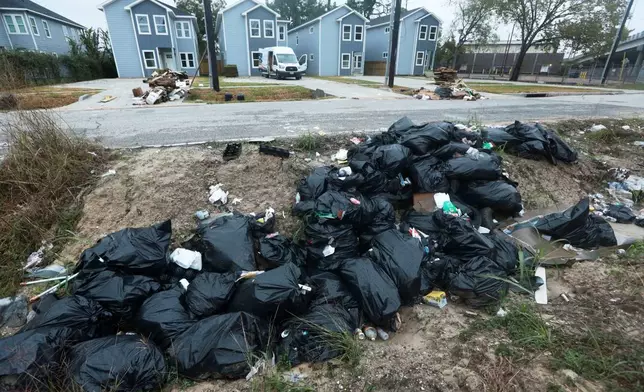 Piles of trash fill the ditch across a construction site in the Trinity Gardens neighborhood in northwest Houston, Thursday, Dec. 4, 2025. (AP Photo/Lekan Oyekanmi )