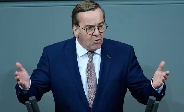 German Defense Minister Boris Pistorius speaks during a meeting about conscription inthe German Parliament in Berlin, Germany, Friday, Dec.5, 2025. (AP Photo/Ebrahim Noroozi)