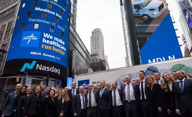Jim Boyle, CEO of Medline Industries, poses for a picture outside the Nasdaq MarketSite, Wednesday, Dec. 17, 2025, in New York. (AP Photo/Yuki Iwamura)