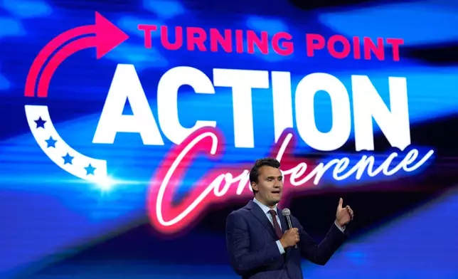 FILE - Charlie Kirk, founder of Turning Point USA speaks during the Turning Point Action conference, July 15, 2023, in West Palm Beach, Fla.(AP Photo/Lynne Sladky, File)