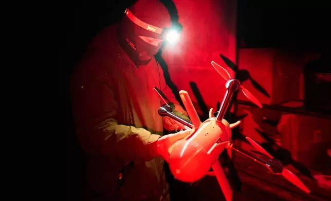 A Ukrainian soldier prepares an interceptor drone during Russia's aerial attack in an undisclosed location in Ukraine, on Dec. 13, 2025. (AP Photo/Efrem Lukatsky)
