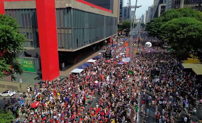 Demonstrators take parte in a march against femicide following a series of high-profile cases in the country, in Sao Paulo, Sunday, Dec. 7, 2025. (AP Photo/Ettore Chiereguini)