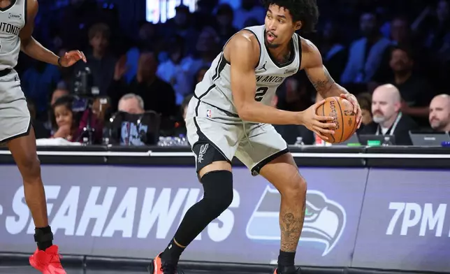 San Antonio Spurs guard Dylan Harper (2) sets to play the ball in the first half of an NBA Cup semifinals basketball game against the Oklahoma City Thunder, Saturday, Dec. 13, 2025, in Las Vegas. (AP Photo/Ronda Churchill)