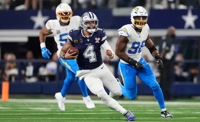 Dallas Cowboys quarterback Dak Prescott (4) runs during the second half of an NFL football game against the Los Angeles Chargers, Sunday, Dec. 21, 2025, in Arlington, Texas. (AP Photo/Tony Gutierrez)