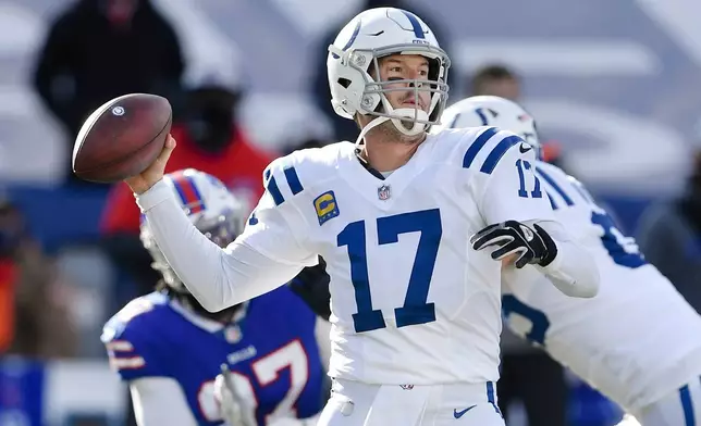 FILE - Indianapolis Colts quarterback Philip Rivers (17) throws a pass during the first half of an NFL wild-card playoff football game against the Buffalo Bills, Saturday, Jan. 9, 2021, in Orchard Park, N.Y. (AP Photo/Adrian Kraus, File)